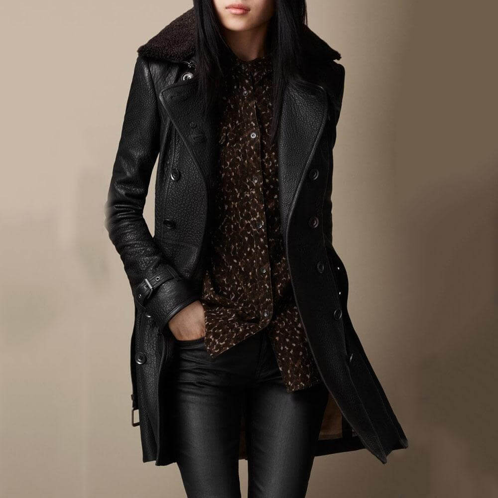 Women’s Long Leather Coat – Elegant Slim Fit Coat with Double-Breasted Closure